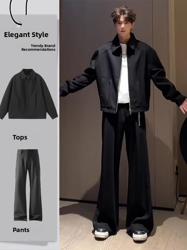 Jacket Mens Fashion - Black Shoulder Pad Jacket Set for