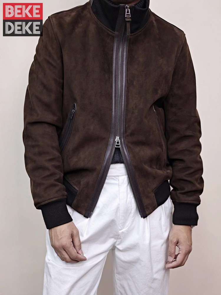 Mens Fashion Bomber Jacket - Mens Genuine Leather Jacket Stand Collar